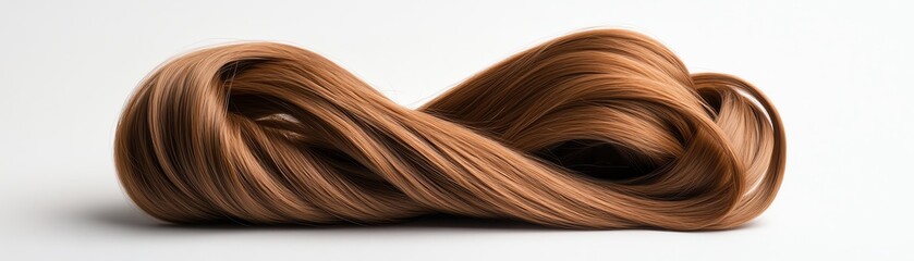 Fototapeta premium Textured curly extensions, deep chocolate brown, coiled into a heart shape on a reflective base