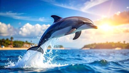 Fototapeta premium Dolphin leaping from ocean water at sunset, splashing