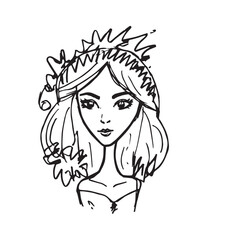 Beautiful Woman Doodle Black and White Illustration Fashion Girl Portrait Line Art Sketch Vector