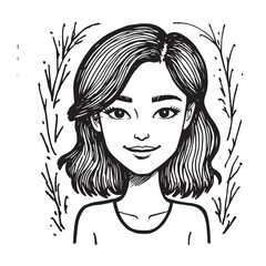 Beautiful Woman Doodle Black and White Illustration Fashion Girl Portrait Line Art Sketch Vector