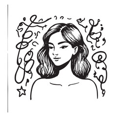 Beautiful Woman Doodle Black and White Illustration Fashion Girl Portrait Line Art Sketch Vector