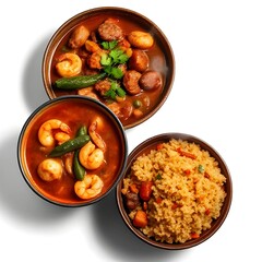 Louisiana Gumbo with Shrimp, Sausage, and Okra Next to Jambalaya Rice
