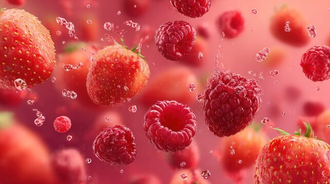 Vibrant display of fresh strawberries and raspberries in motion, showcasing freshness and enticing appeal. The image highlights the deliciousness and beauty of the berries