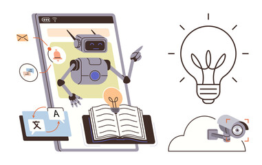 Robot interacting with virtual elements, open book, translation tool, smart bulb, and cloud surveillance camera. Ideal for education, AI, technology language creativity automation innovation. A