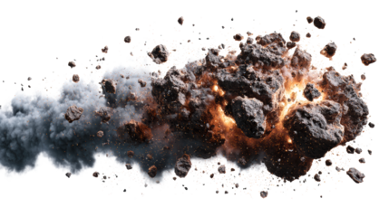 Fiery Asteroid Debris and Smoke Cloud Exploding on White Background, cut out transparent