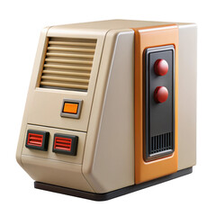 Retro futuristic appliance with orange accents and red buttons isolated on black transparent background
