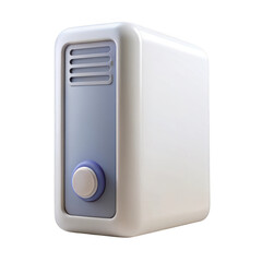 Modern compact white portable air purifier with blue accents and control knob isolated transparent background