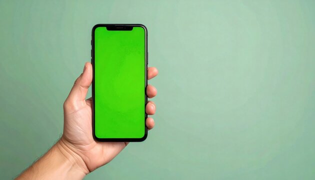 Modern smartphone held in hand with a bright green screen 