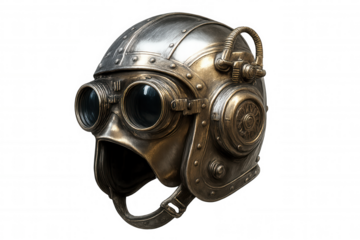 Steampunk helmet with metallic gears, vintage goggles, showcasing intricate industrial design against transparent backdrop