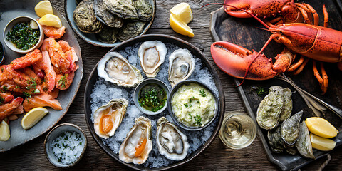 Overhead seafood platter with lobster, oysters, crab legs, lemon wedges, sauces on rustic wood,...
