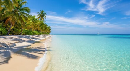 Naklejka premium Tropical beach with palm trees and crystal clear turquoise water under a blue sky with clouds, a perfect paradise vacation