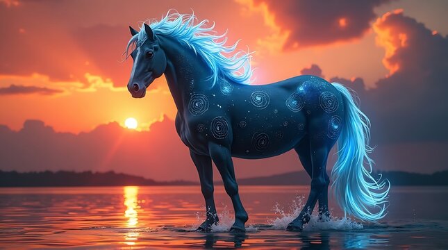 Lone Blue Horse Against a Fiery Sunset