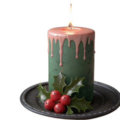 Festive green candle adorned with holly and berries illuminated by a warm flickering flame transparent background