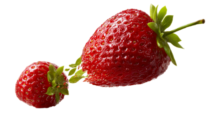 Two ripe strawberries, one small and one large, isolated on white with leaves, cut out transparent
