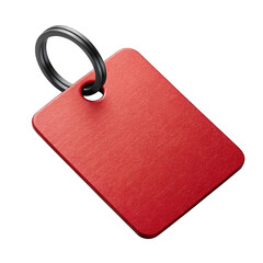 Detailed red rectangular keychain tag with ring on a dark studio background transparent background