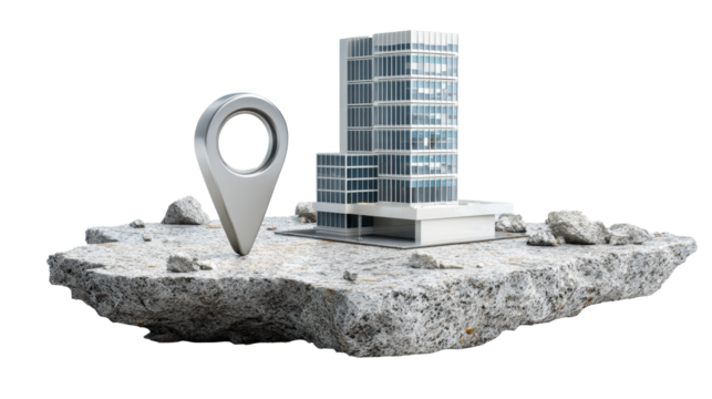 Modern High Rise Building on Rocky Terrain with Location Pin, cut out transparent