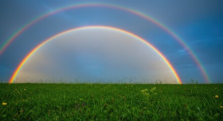 Double Rainbow Spectacle A Vibrant Arch Over Lush Green Fields and a Blue Sky