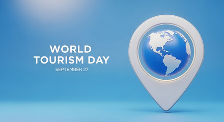 World tourism day illustration featuring a globe inside a location pin on blue background