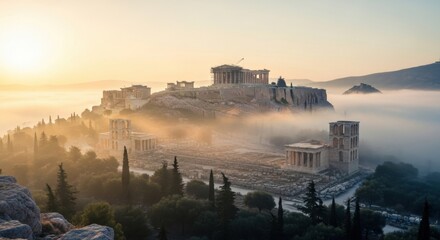 Fototapeta premium Ethereal sunrise over the historic Acropolis in Athens, with ancient temples emerging from the morning mist