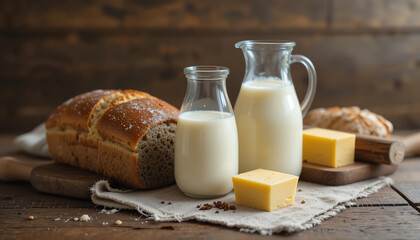 Rustic jug of milk with fresh bread loaf and butter on wooden surface"
