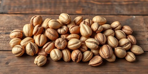 Naklejka premium Assortment of shelled nuts on rustic brown wooden surface, rustic, autumn