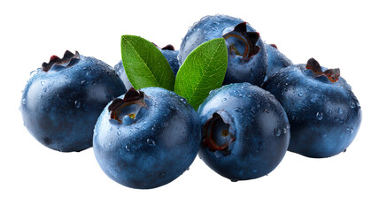 Obraz premium Ripe Blueberries With Water Droplets And Green Leaves, cut out transparent
