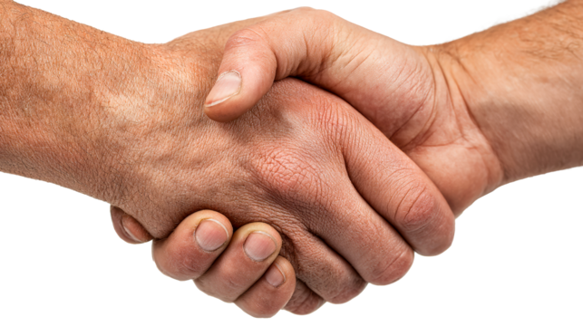 Close-up of two men shaking hands against a white background, cut out transparent