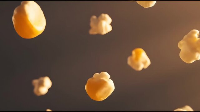 Popcorn kernels dramatically floating in warm light ideal for movie night promotions and concession stand advertising