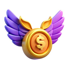 Golden dollar coin with purple wings symbolizing flying money and financial growth transparent background