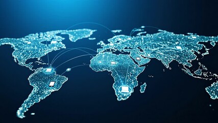 A world map depicted with glowing dots representing citieslocations Computer icons are present across continents connected by arcs