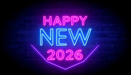 Glowing Neon "Happy New 2026" Sign Against a Dark Blue Brick Wall Background