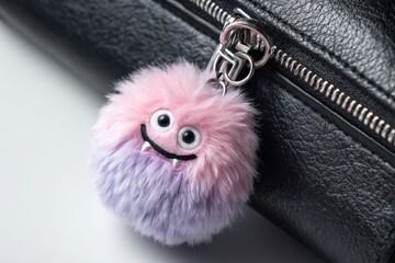 Fuzzy pink and purple monster keychain on black leather bag