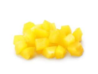 Pieces of yellow bell pepper on white background