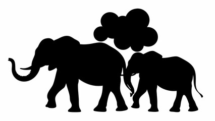 Obraz premium Silhouette of two elephants walking with a cloud like shape above them in a black and white illustration