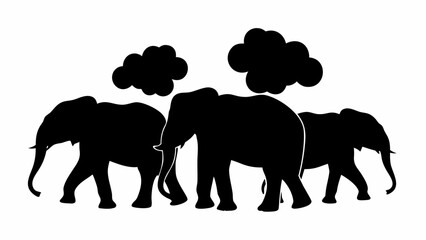 Fototapeta premium Three elephants walking in silhouette under dark clouds against a white background in monochrome style art