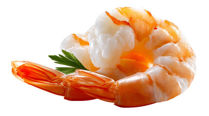 Cooked shrimp with fresh parsley garnish against a white background, cut out transparent
