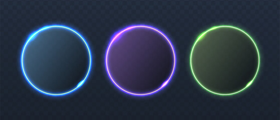 Vector illustration. Neon glowing circle frames. Isolated on transparent background. 