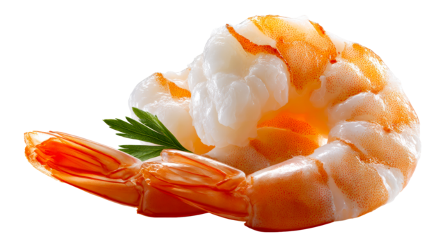 Cooked shrimp with fresh parsley garnish against a white background, cut out transparent