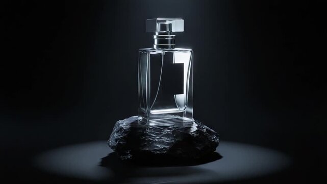 Elegant perfume bottle illuminated on dark stone base