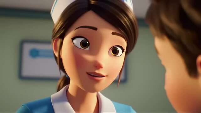 Animated nurse smiling warmly at a patient in a bright, cheerful medical office setting
