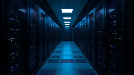 A dimly lit server room with glowing blue and green status lights on rows of humming racks.