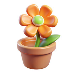 Charming clay flower in terracotta pot with green center and orange petals on black transparent background