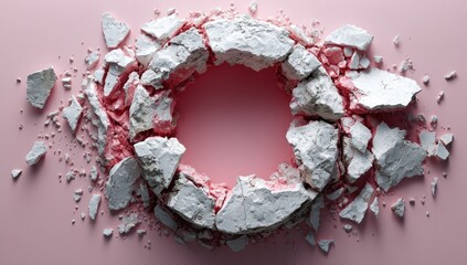 White circular form shattered, revealing a pink background