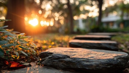 Sunlit stone path in a garden setting, shallow depth of field