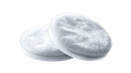 Two soft white powder puffs with fluffy texture arranged closely together, cut out transparent