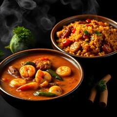 Louisiana Gumbo with Shrimp, Sausage, and Okra Next to Jambalaya Rice
