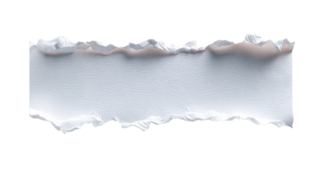 Torn paper with textured edge and subtle copper undertones on a white background, cut out transparent