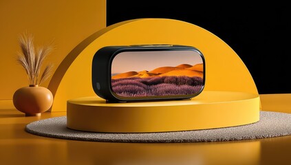 Rectangular device with screen displaying landscape, on yellow platform