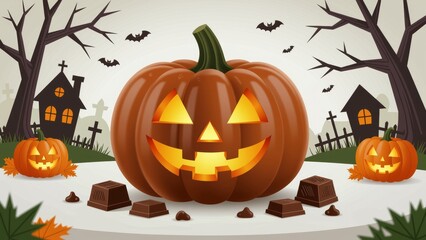 Halloween Pumpkin Chocolate centered, glowing yellow eyes, mischievous grin, surrounded by dark chocolate pieces. Concept of Halloween Pumpkin Chocolate celebration in spooky graveyard scene.