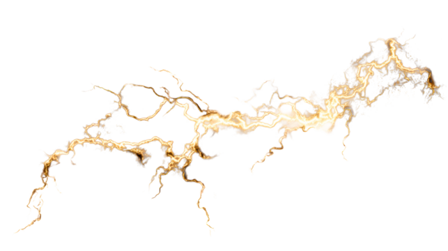 Fiery golden lightning bolts flash through dark stormy clouds with sparkling particles, cut out transparent